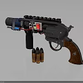 Detailed Revolver With Wooden Grip Metal Components Blue Red Accents And Copper Bullets