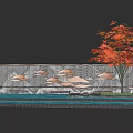 Decorative Garden Wall With Copper Fish Patterns And Red Maple Tree By Water 3d model