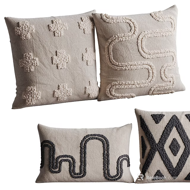 Decorative Beige Pillows With Cross Curved And Geometric Textured Patterns 3d model 