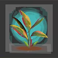 Cartoon Plant With Colorful Leaves Brown Base And Blue Glow On Dark Background With Reflection