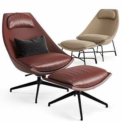 Modern Leather Single Sofa with Black Pillow and Matching Ottoman and Metal Base 3d model