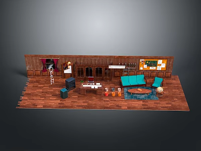 Stylish Living Room Furniture With Blue Sofa Chairs Wooden Table And Decorative Items 3d model