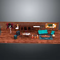 Stylish Living Room Furniture With Blue Sofa Chairs Wooden Table And Decorative Items