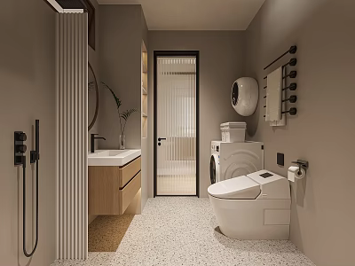 Modern Bathroom Interior With Wooden Vanity Sink Smart Toilet Round Mirror And Washing Machine 3d model