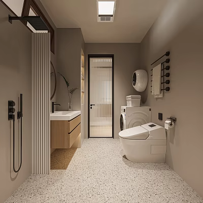 Modern Bathroom Interior With Wooden Vanity Sink Smart Toilet Round Mirror And Washing Machine 3d model