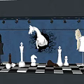 Window Display With Blue Background Black White Checkered Floor Chess Pieces And Sculptures