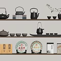 Traditional Tea Sets With Teapots Teacups Decorative Plates And Tea Boxes On Wooden Shelves