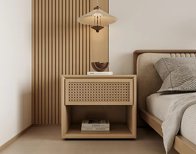 Minimalist Wooden Nightstand With Rattan Panel Table Lamp And Books 3d model