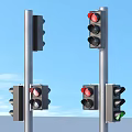 Two Black Traffic Lights With Red Lights On Metal Poles Light Blue Background
