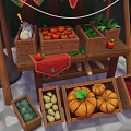 Wooden Fruit Market Stall With Green Red Striped Awning And Fresh Fruits On Cobblestone Ground
