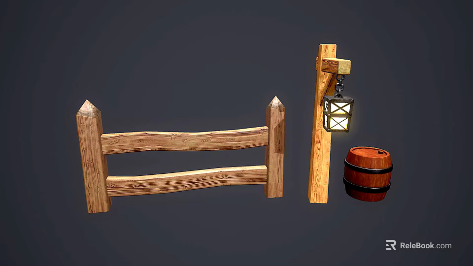 Rustic Wooden Fence With Post Lantern And Barrel In Natural Setting 3d model 