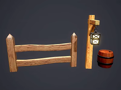 Rustic Wooden Fence With Post Lantern And Barrel In Natural Setting 3d model