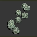 Green Polyhedral Stones With Porous Surface Floating On Gray Background With Reflections 3d model