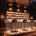 Modern Bar Interior With Neon Lights Liquor Shelves And Robot Bartender