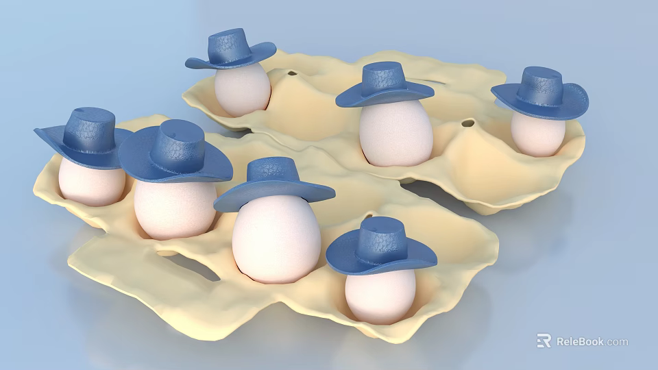 Decorative Ornament Set with Eggs Wearing Small Blue Hats in Egg Cartons 3d model 