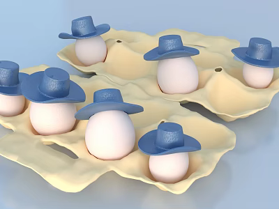 Decorative Ornament Set with Eggs Wearing Small Blue Hats in Egg Cartons 3d model
