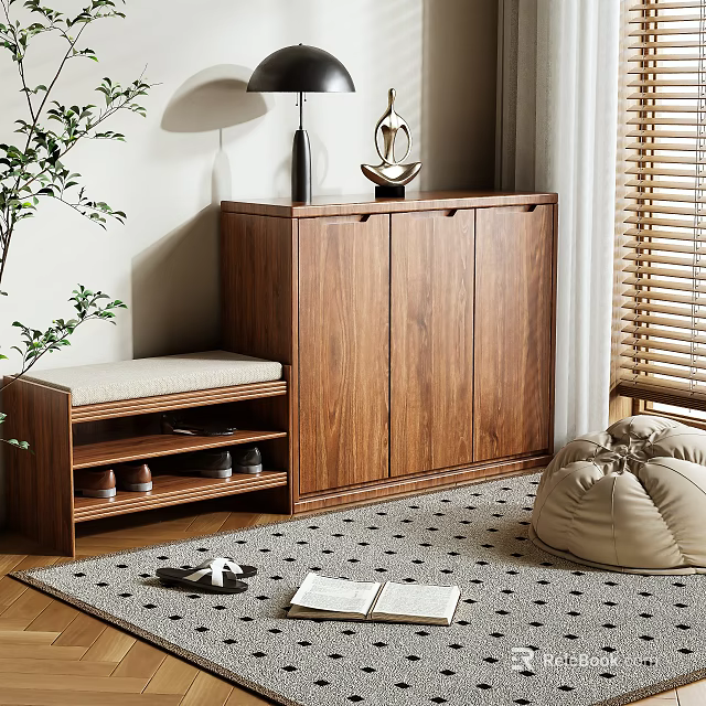 Modern Wooden Shoe Cabinet With Bench Storage Green Plants And Rug In Interior 3d model 