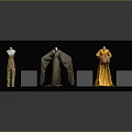 Clothing Display On Black Platform Featuring Mannequins With Brown Pants Gray Robe And Yellow Dress