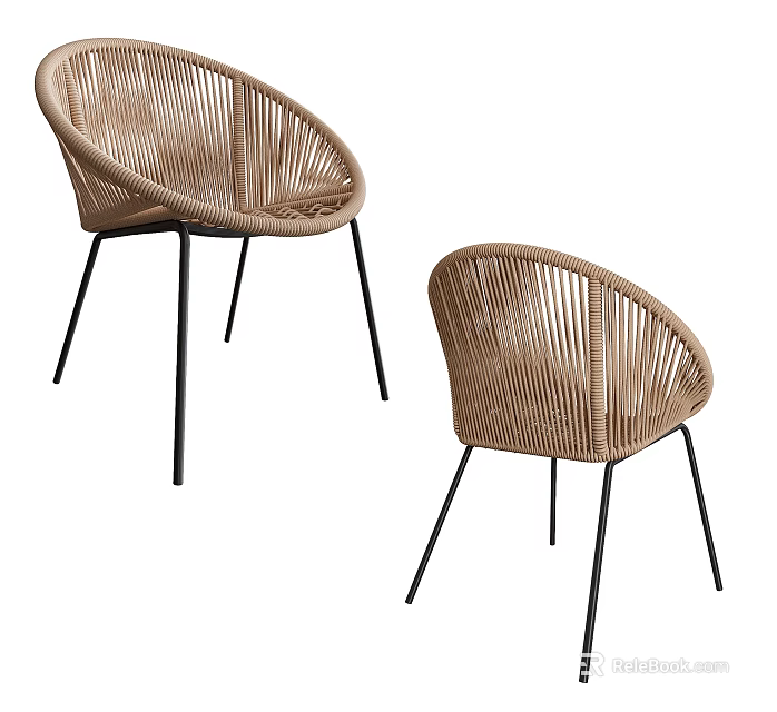 Modern Rattan Leisure Chairs with Black Metal Legs and Sleek Design 3d model 