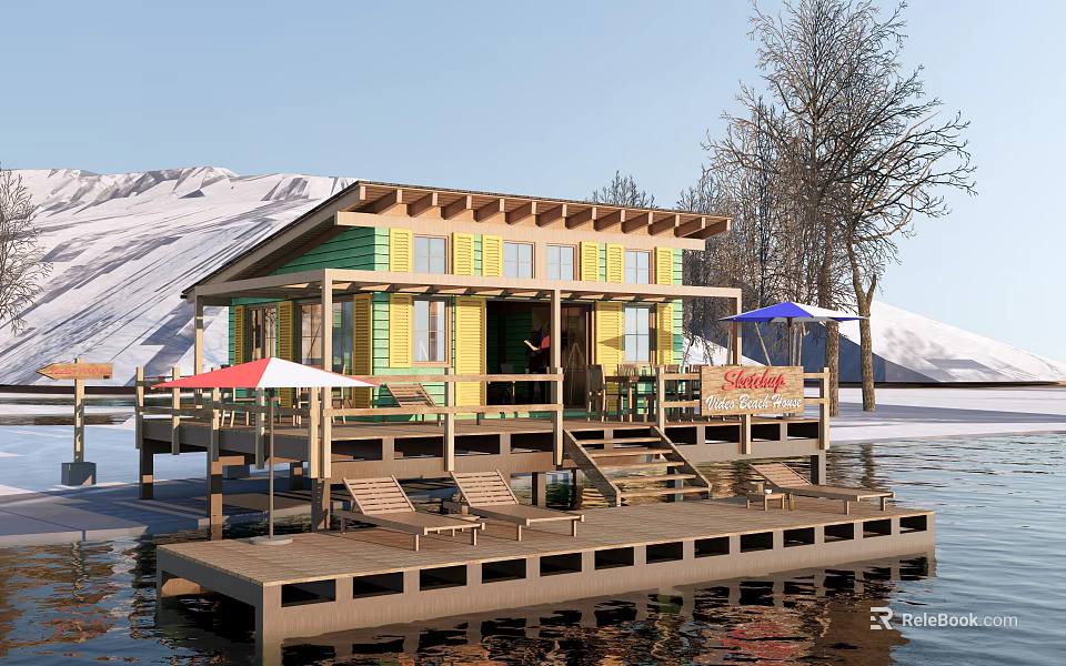 Waterfront Station With Wooden Deck Lounge Chairs Umbrellas And Snowy Mountain View 3d model 
