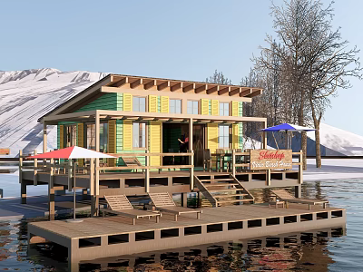 Waterfront Station With Wooden Deck Lounge Chairs Umbrellas And Snowy Mountain View 3d model