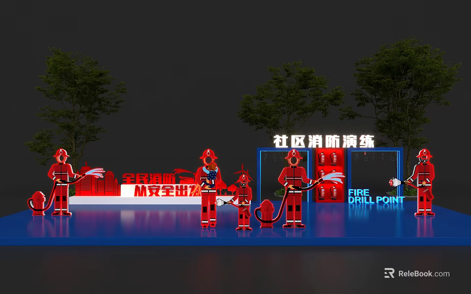 Community Fire Drill Scene With Firefighter Figures And Drill Point Signage 3d model 