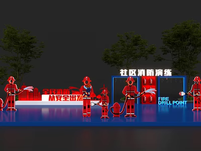 Community Fire Drill Scene With Firefighter Figures And Drill Point Signage 3d model