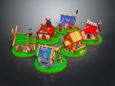 Cartoon Scene Featuring Colorful Small Houses With Various Roofs Unique Designs And Green Grass Base 3d model