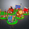 Cartoon Scene Featuring Colorful Small Houses With Various Roofs Unique Designs And Green Grass Base