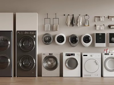 Various Styles And Colors Of Washing Machines With Wall Mounted Laundry Accessories 3d model