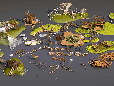Children's Play Area Featuring Wooden Climbing Frames Slides Swings Net Structures And Circular Platforms 3d model