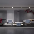 Modern Living Room Interior With Gray Sofa Red Decor And Chandelier