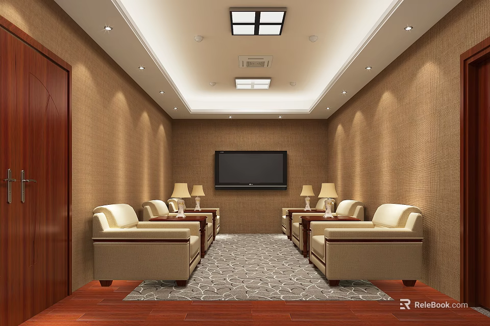 Office Reception Area With Beige Sofas Coffee Tables TV And Patterned Rug 3d model 