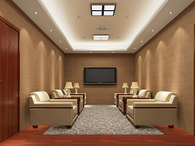 Office Reception Area With Beige Sofas Coffee Tables TV And Patterned Rug 3d model