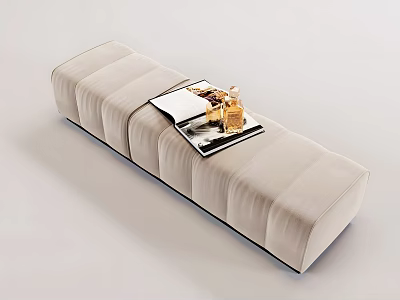 Light Beige Striped Sofa Bench With Magazine And Perfume Bottle On Top 3d model