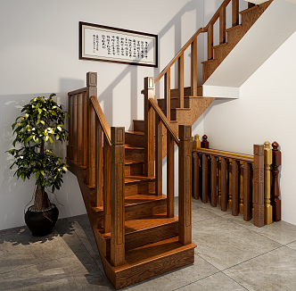 New Chinese Style Rotating Stairs Solid Wood Stairs 3d model