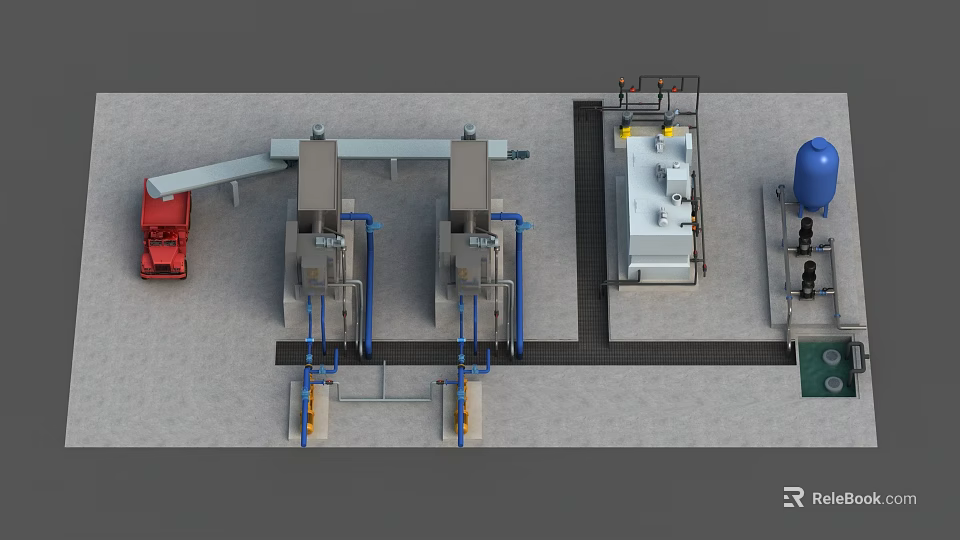 Automated Industrial Processing Equipment System With Twin Units Piping Connections And Control Panels 3d model 