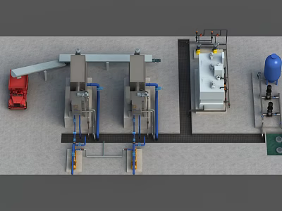 Automated Industrial Processing Equipment System With Twin Units Piping Connections And Control Panels 3d model