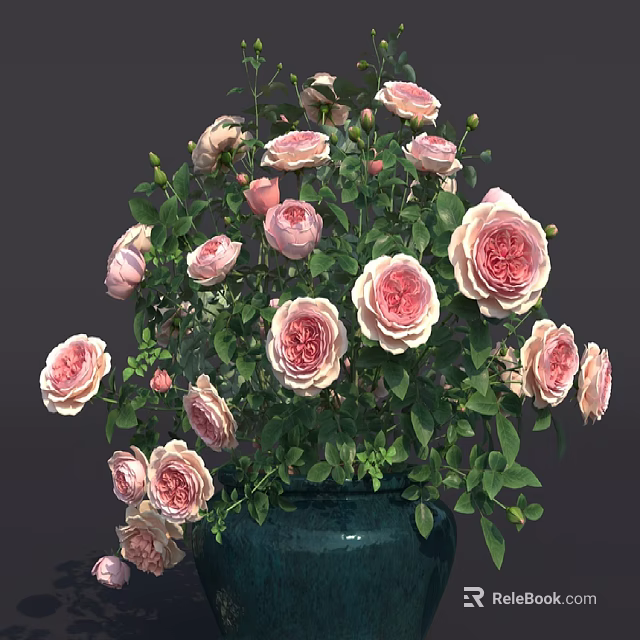 Blue Vase With Pink Roses And Green Leaves For Home Decor Arrangement 3d model 