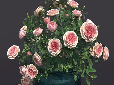Blue Vase With Pink Roses And Green Leaves For Home Decor Arrangement 3d model