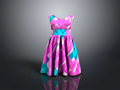 Pink And Teal Geometric Pattern V Neck Dress With Waistband And A Line Skirt 3d model