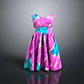 Pink And Teal Geometric Pattern V Neck Dress With Waistband And A Line Skirt