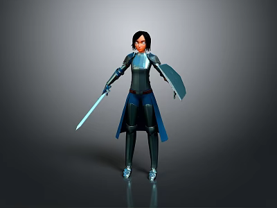 Woman Standing in Blue and Black Armor Holding Sword and Shield 3d model