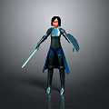 Woman Standing in Blue and Black Armor Holding Sword and Shield