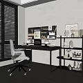 Modern Black Desk With Pegboard White Chair Lamp Shelf And Decorations By Window