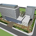 Modern Twin Office Buildings Featuring Green Roof And Landscaped Courtyard