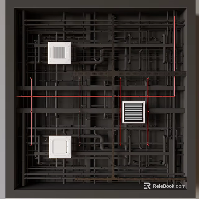 Ceiling With Exposed Pipeline Structure And Square Fixtures 3d model 