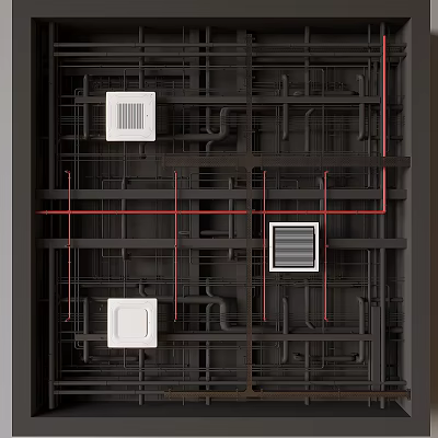 Ceiling With Exposed Pipeline Structure And Square Fixtures 3d model