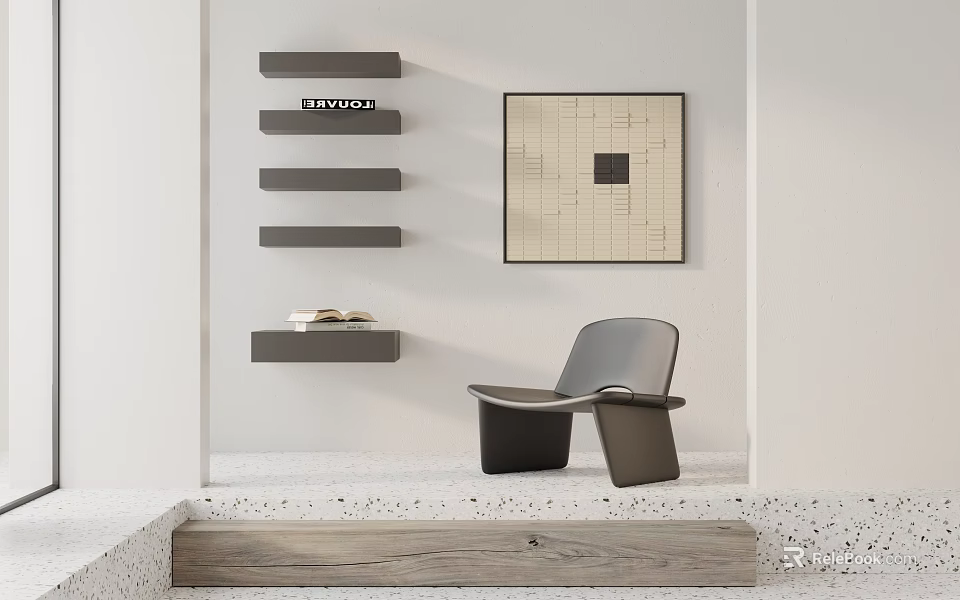 Modern Leisure Chair In Minimalist Interior With Floating Shelves And Wall Artwork 3d model 