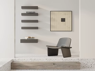 Modern Leisure Chair In Minimalist Interior With Floating Shelves And Wall Artwork 3d model